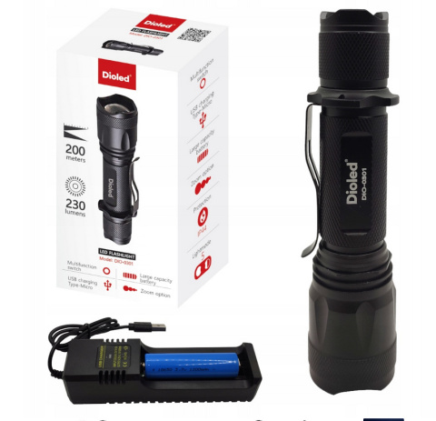 Latarka Akumulatorowa dioled DIO-0301 230lm ZOOM 5/tryb Latarka Akumulatorowa dioled DIO-0301 230lm ZOOM 5/tryb
