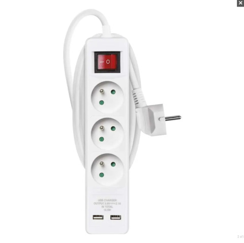 Przedłużacz 2 m / 3 gniazda / z wyłącznikiem / biały / PVC / z USB portem / 1,5 mm2 Przedłużacz 2 m / 3 gniazda / z wyłącznikiem / biały / PVC / z USB portem / 1,5 mm2